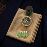 Radha Krishna Cameo Green Bead Pearl Tassel Peacock Feather Brooch