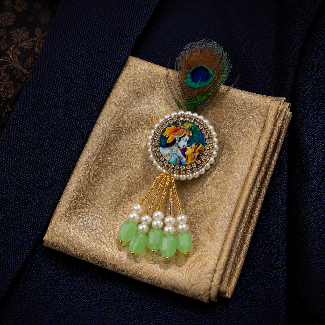 Radha Krishna Cameo Green Bead Pearl Tassel Peacock Feather Brooch