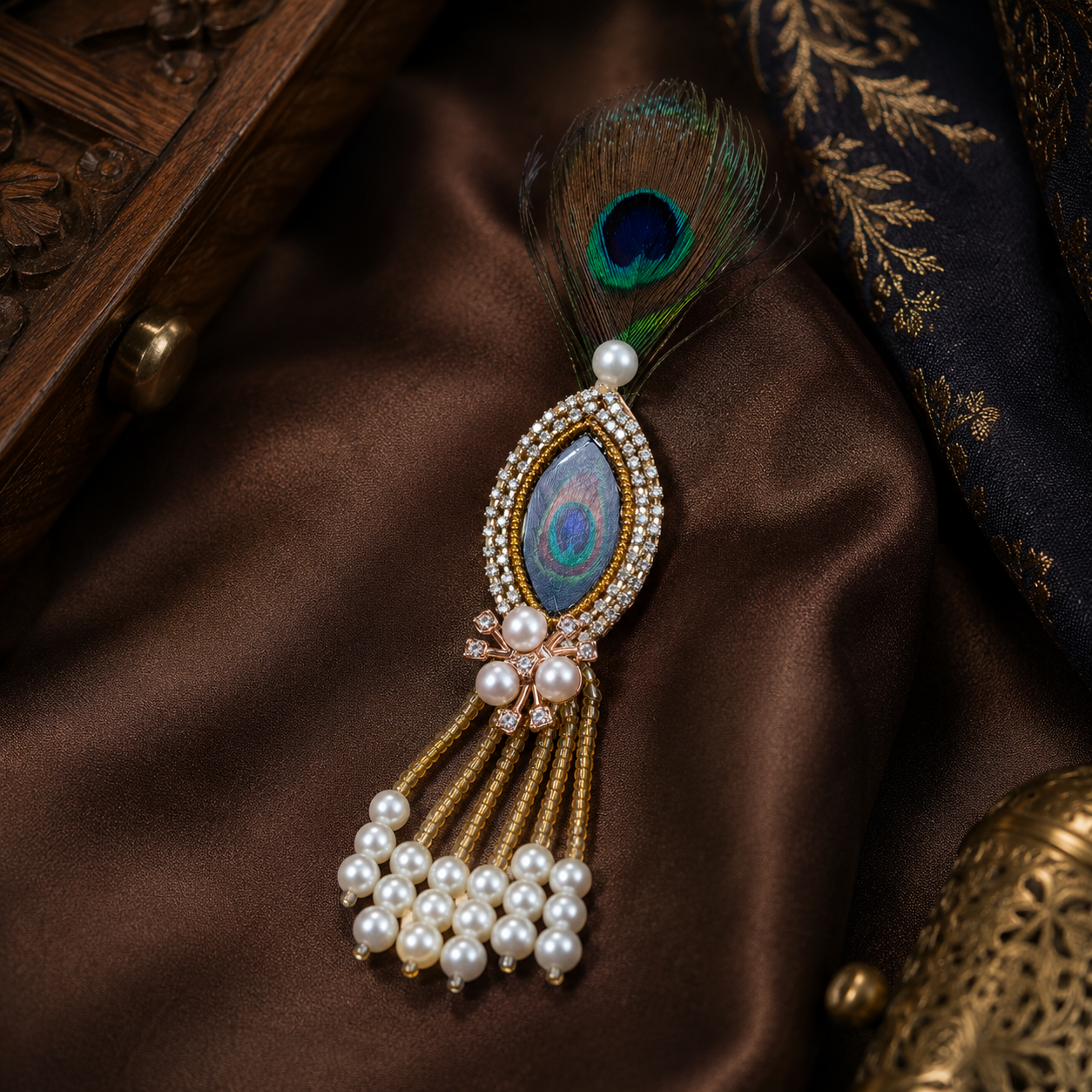 Abalone Peacock-Eye Crystal Halo Pearl Tassel Brooch for Groom