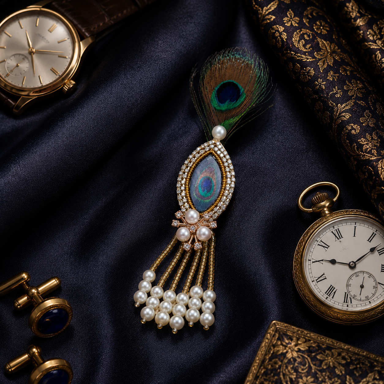 Abalone Peacock-Eye Crystal Halo Pearl Tassel Brooch for Groom