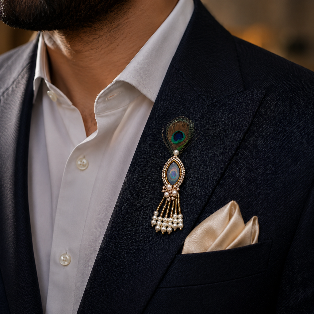Abalone Peacock-Eye Crystal Halo Pearl Tassel Brooch for Groom