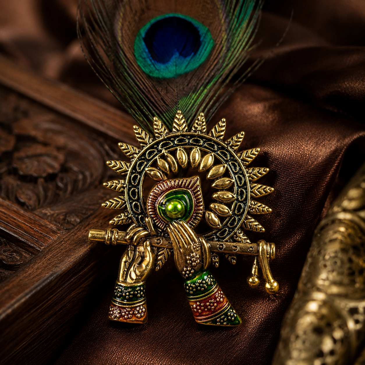 Gold Sunburst Krishna Flute Peacock Feather Lapel Pin for Groom