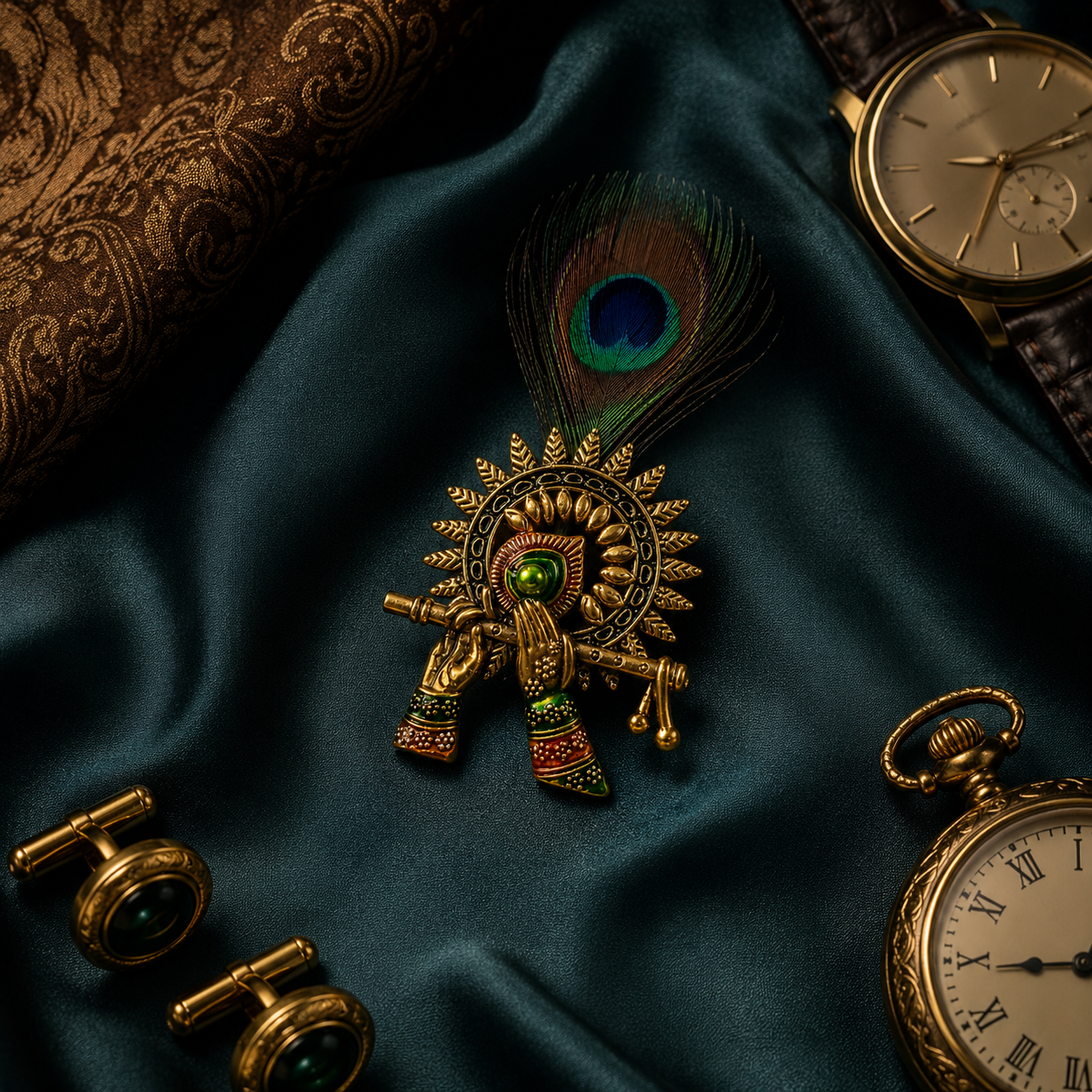 Gold Sunburst Krishna Flute Peacock Feather Lapel Pin for Groom