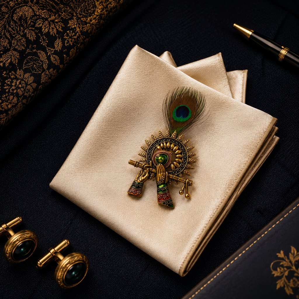 Gold Sunburst Krishna Flute Peacock Feather Lapel Pin for Groom