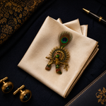 Gold Sunburst Krishna Flute Peacock Feather Lapel Pin for Groom