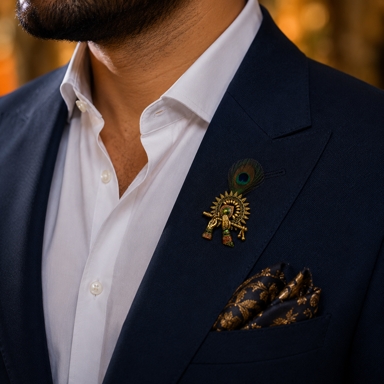 Gold Sunburst Krishna Flute Peacock Feather Lapel Pin for Groom