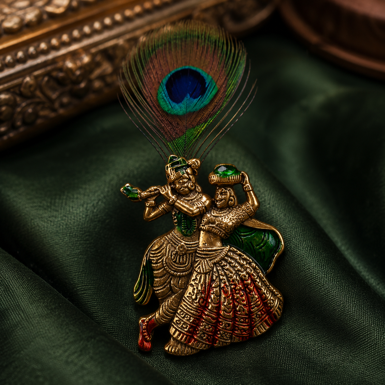 Antique Gold Radha Krishna Peacock Feather Meenakari Brooch