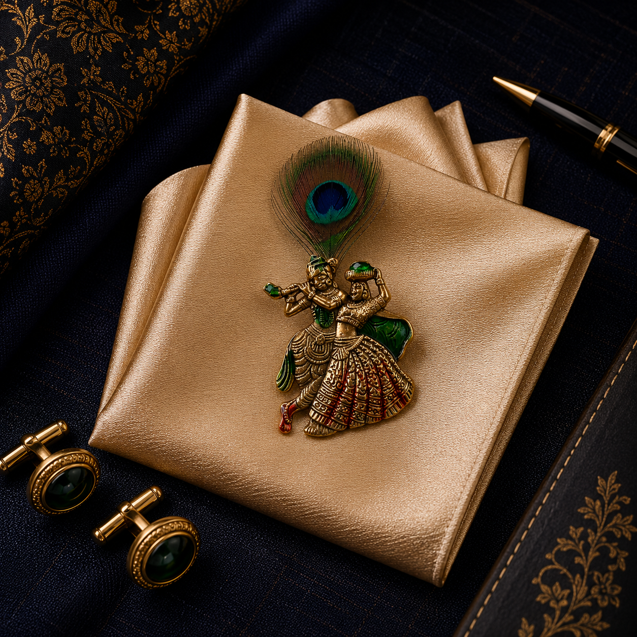 Antique Gold Radha Krishna Peacock Feather Meenakari Brooch