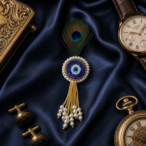 Blue Evil Eye Peacock Feather Lapel Pin for Groom