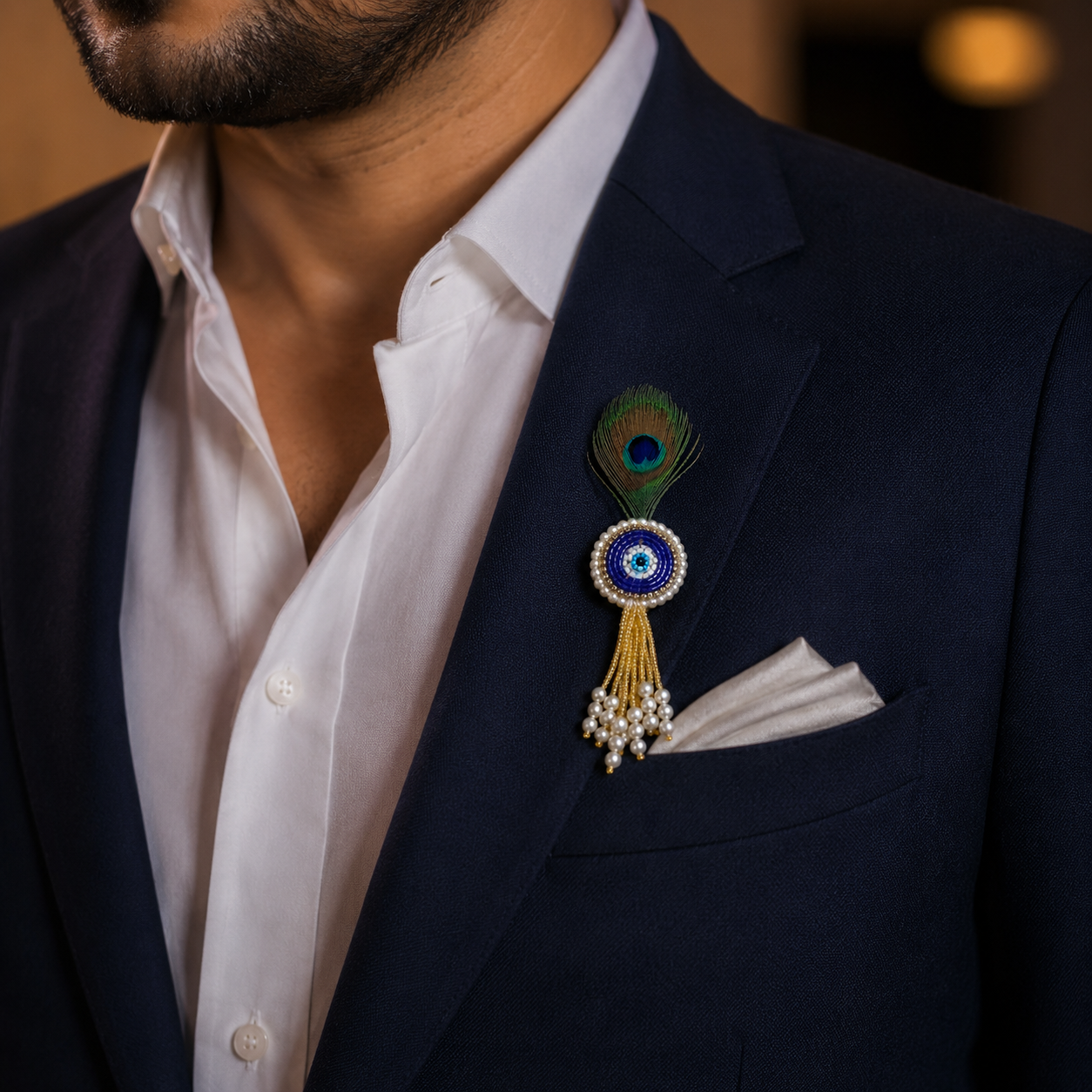 Blue Evil Eye Peacock Feather Lapel Pin for Groom