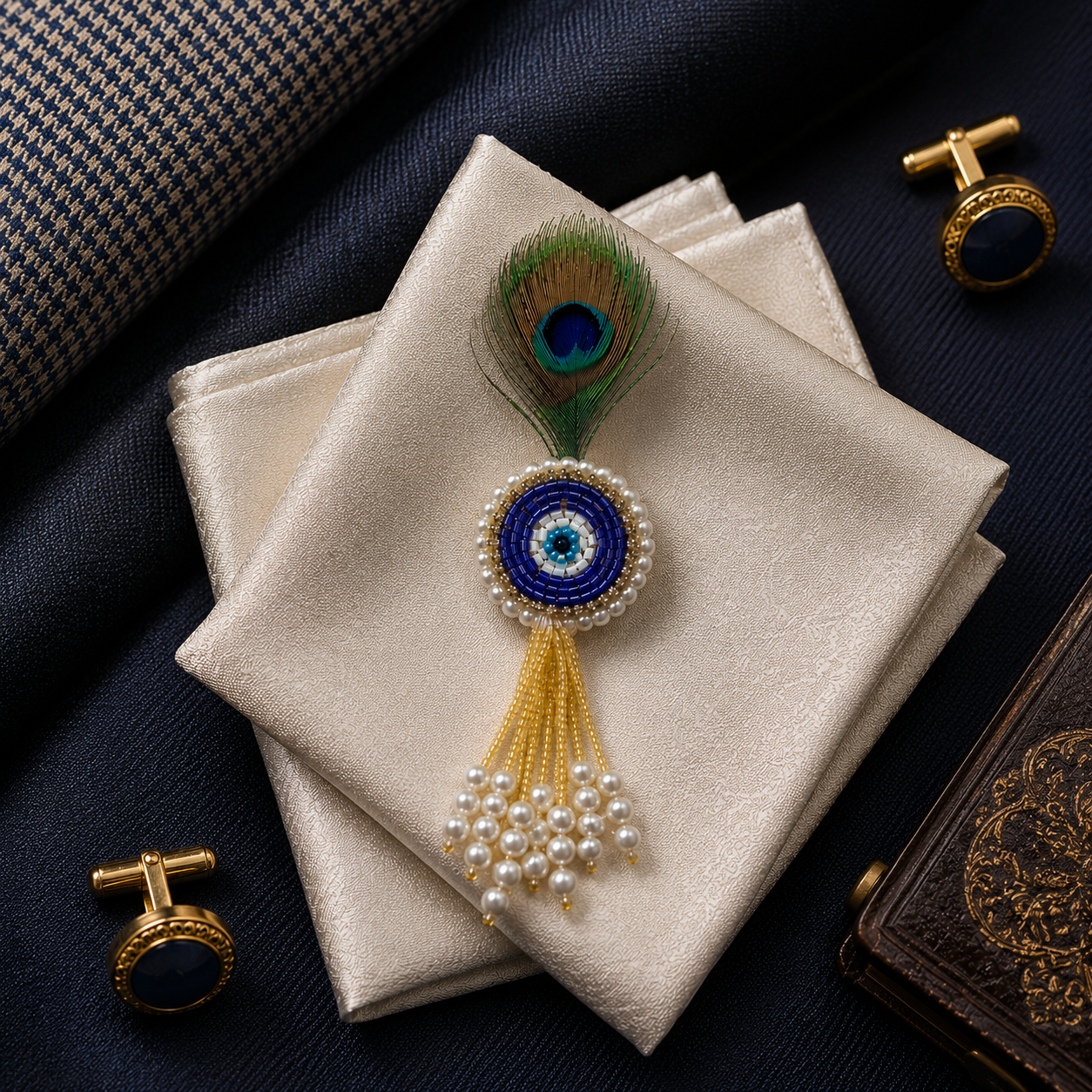 Blue Evil Eye Peacock Feather Lapel Pin for Groom