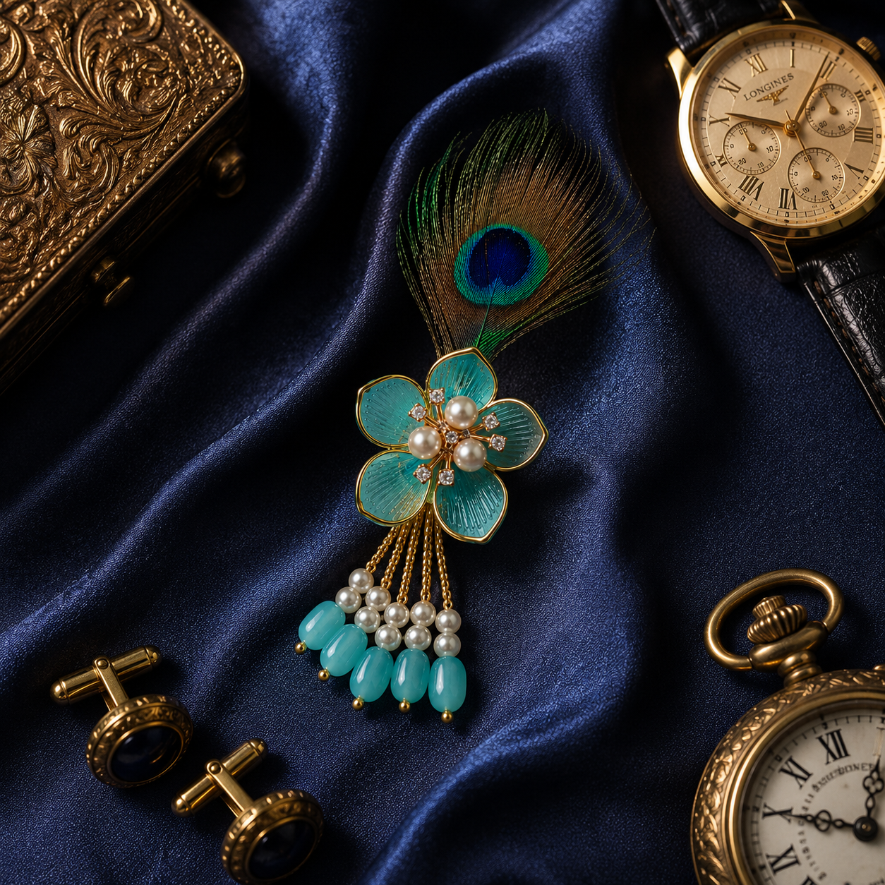 Turquoise Blossom Peacock Feather Lapel Pin for Groom