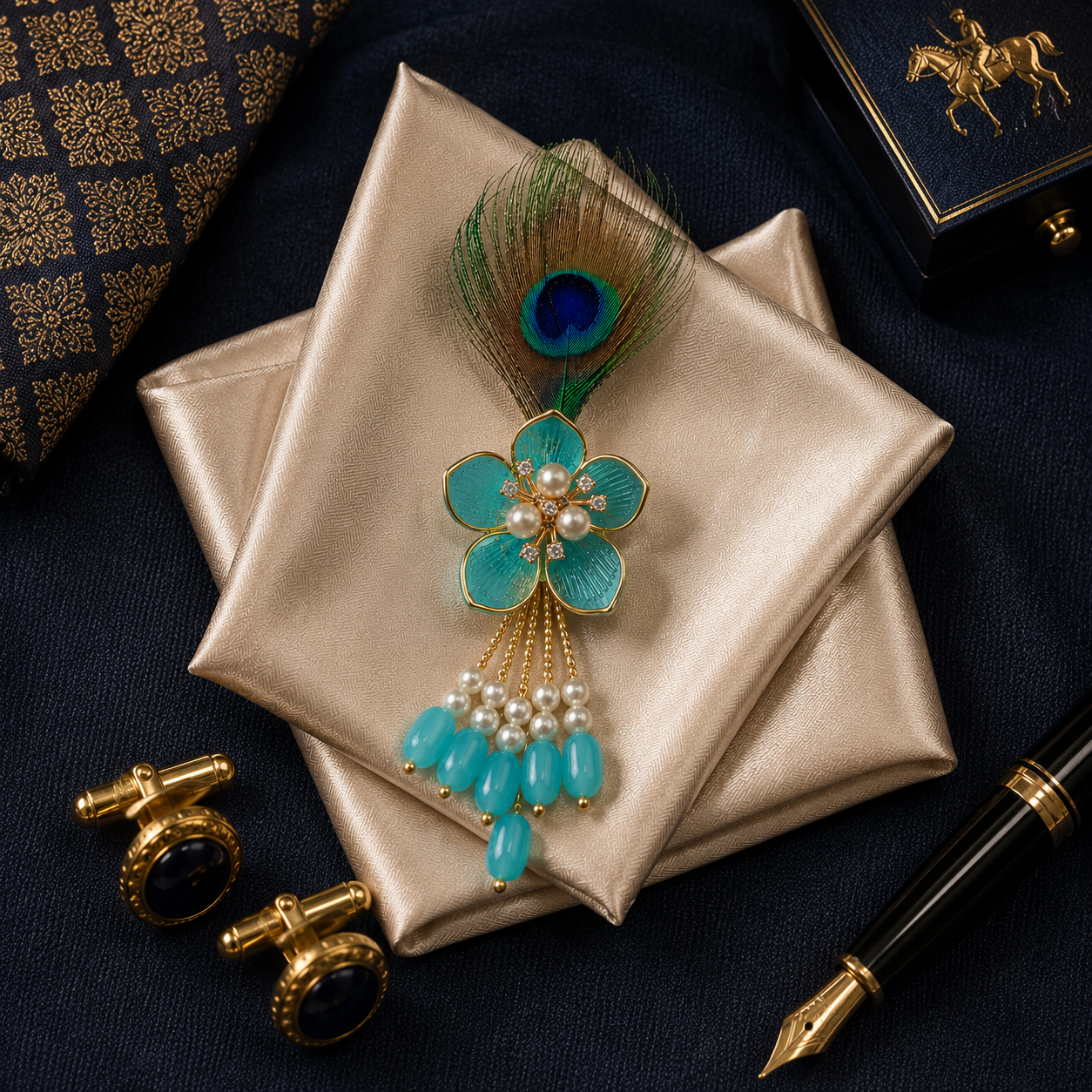 Turquoise Blossom Peacock Feather Lapel Pin for Groom