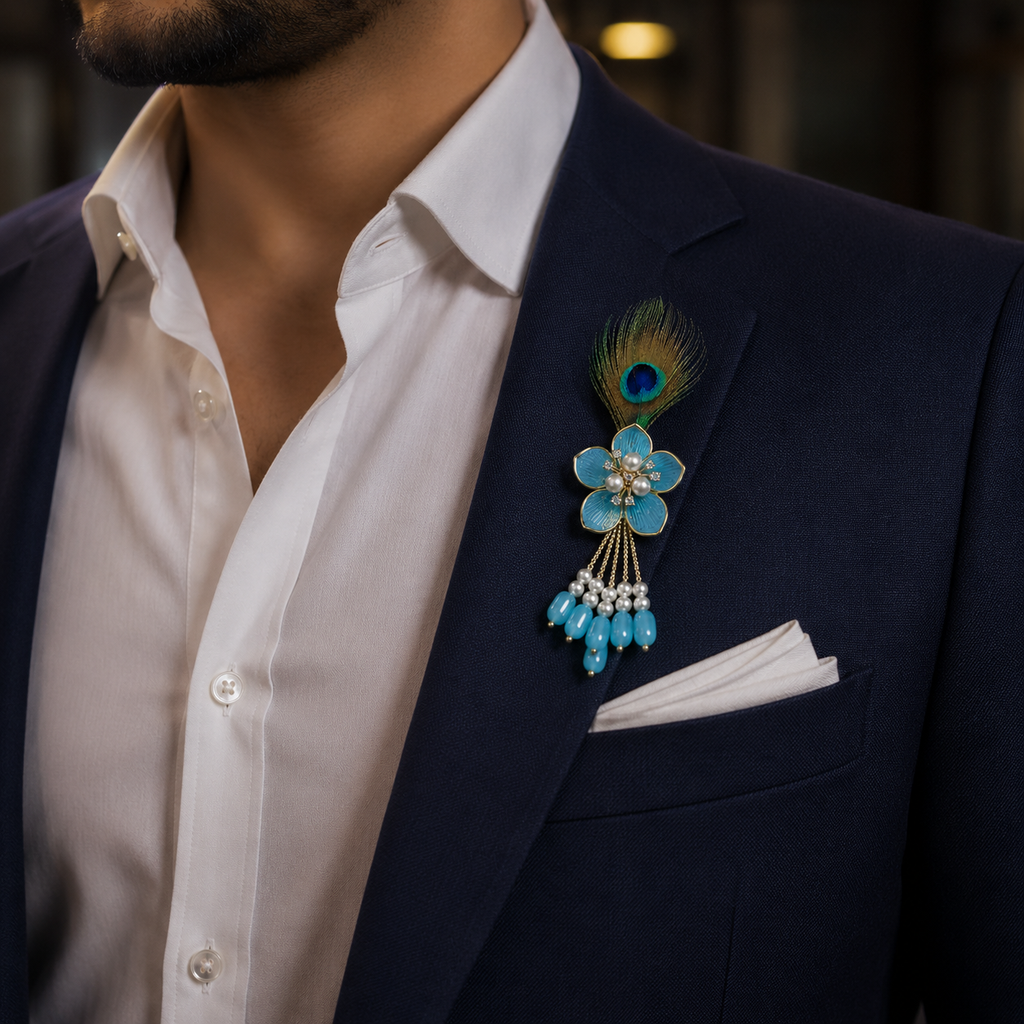 Turquoise Blossom Peacock Feather Lapel Pin for Groom