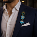 Turquoise Blossom Peacock Feather Lapel Pin for Groom
