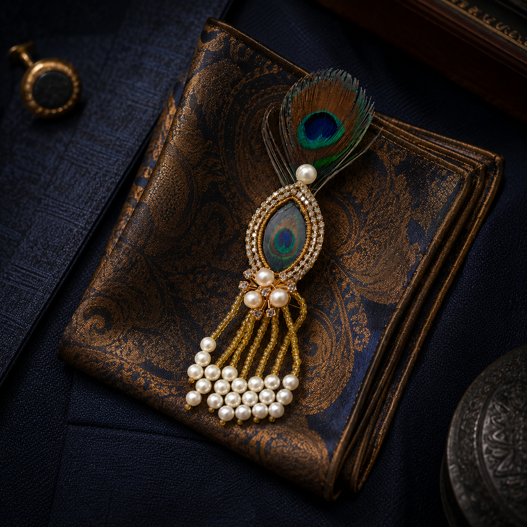 Mother of Pearl Peacock-Eye Crystal Pearl Tassel Lapel Brooch