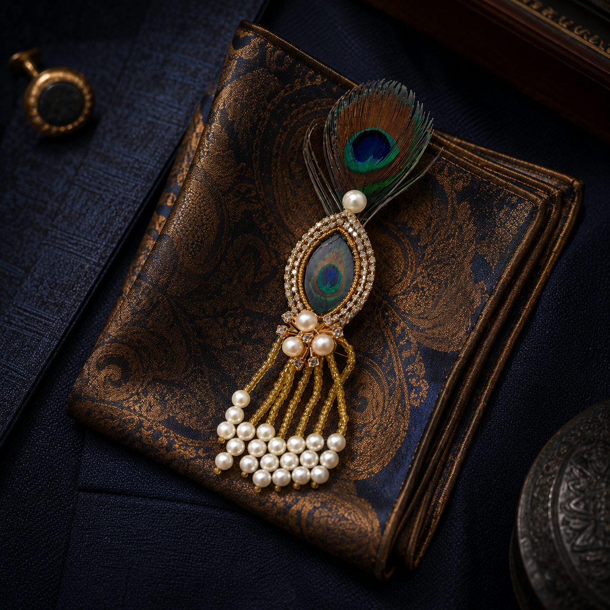 Mother of Pearl Peacock-Eye Crystal Pearl Tassel Lapel Brooch