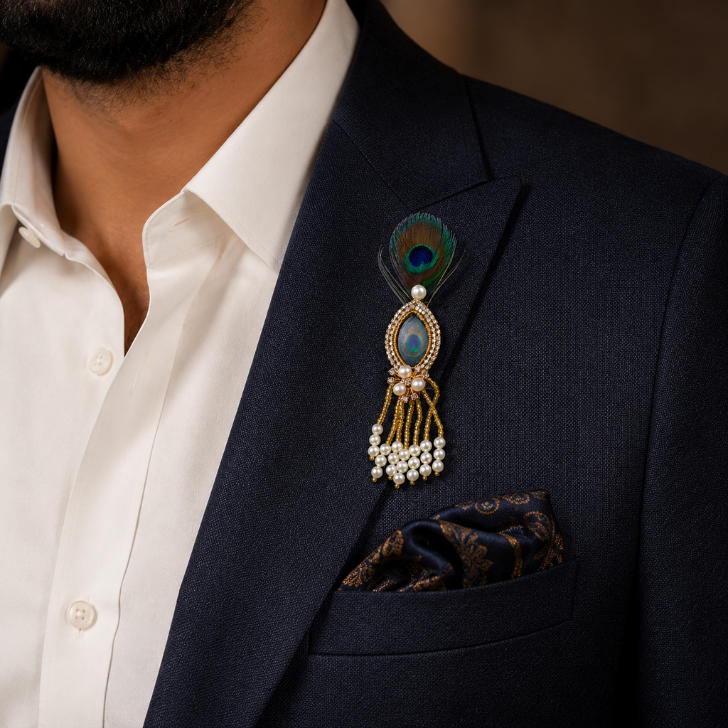 Mother of Pearl Peacock-Eye Crystal Pearl Tassel Lapel Brooch