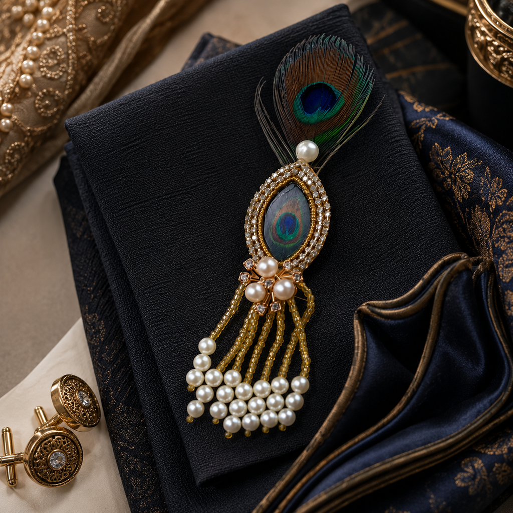 Mother of Pearl Peacock-Eye Crystal Pearl Tassel Lapel Brooch