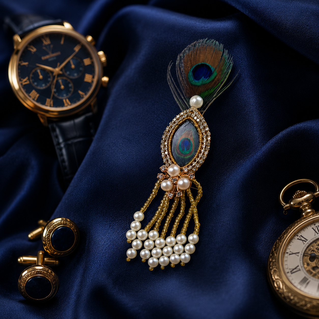 Mother of Pearl Peacock-Eye Crystal Pearl Tassel Lapel Brooch