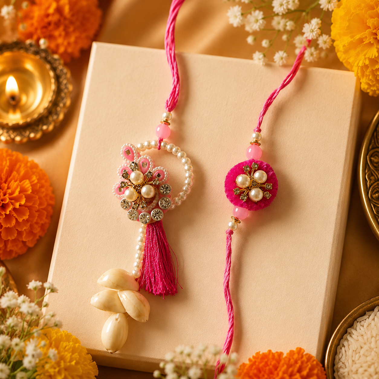 Pink Pearl Kundan Rakhi Set (Pack of 2) for Brother