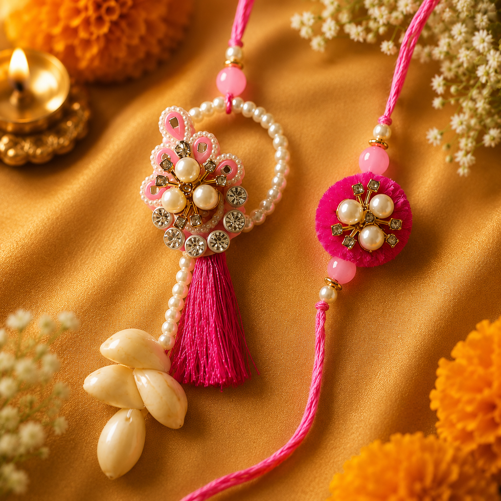 Pink Pearl Kundan Rakhi Set (Pack of 2) for Brother