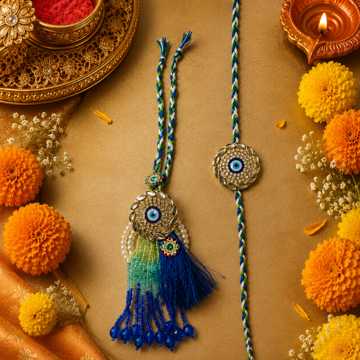 Kundan Nazar Rakhi Set with Beaded Tassel Lumba for Brother