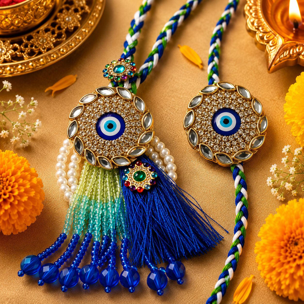 Kundan Nazar Rakhi Set with Beaded Tassel Lumba for Brother
