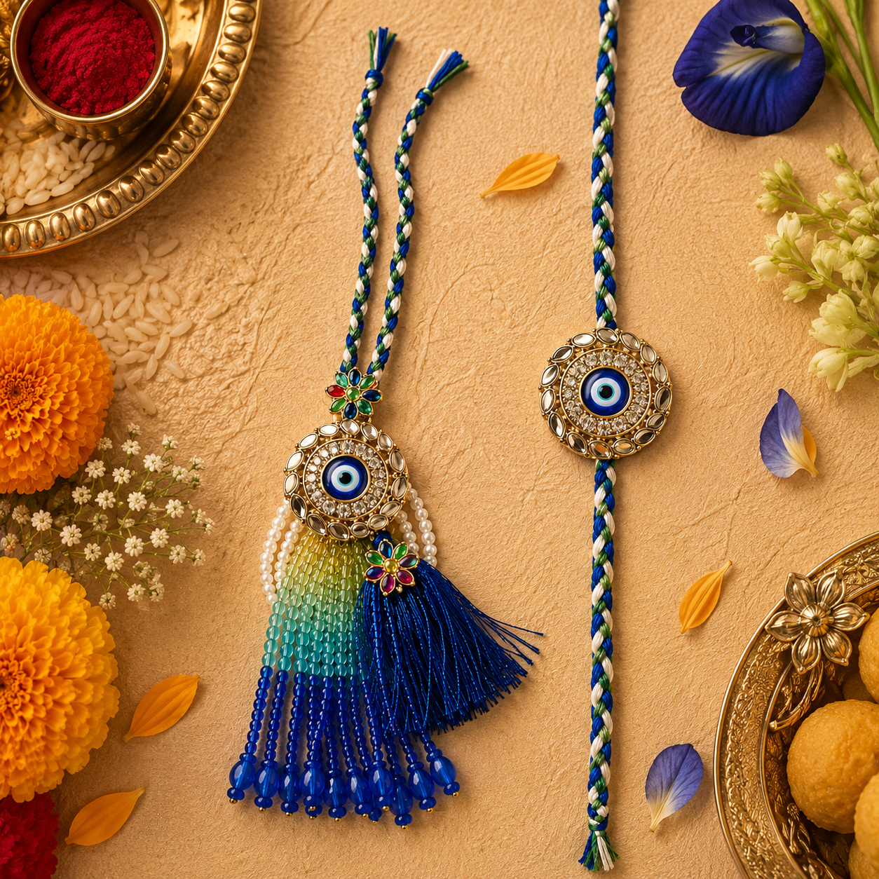 Kundan Nazar Rakhi Set with Beaded Tassel Lumba for Brother