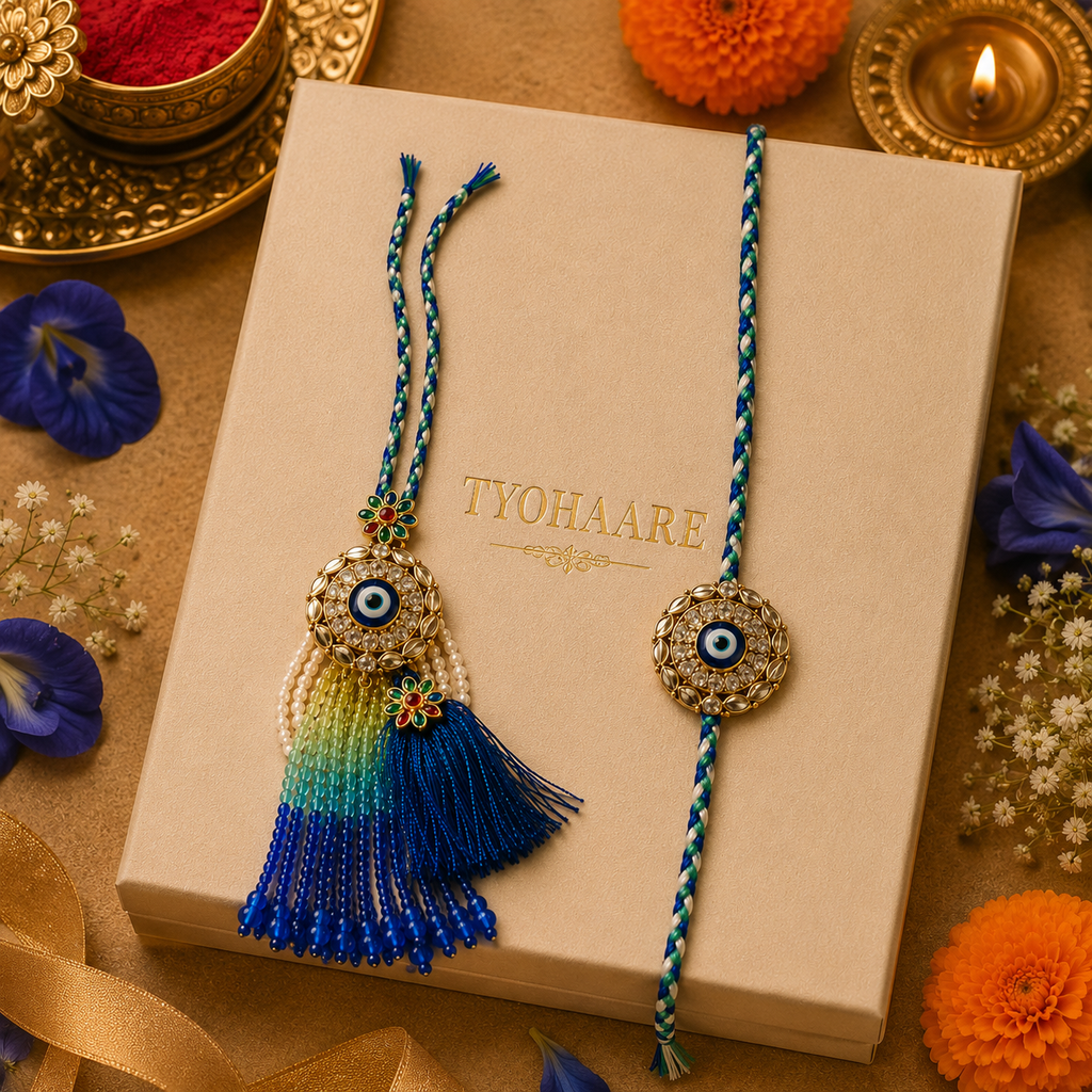 Kundan Nazar Rakhi Set with Beaded Tassel Lumba for Brother