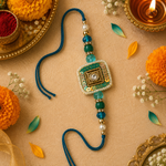 Teal Sequin Kundan Rakhi with Pearl Border for Brother