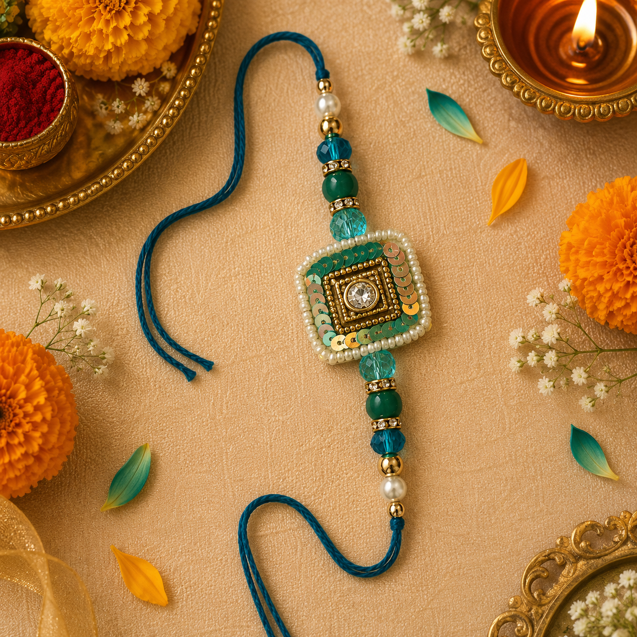 Teal Sequin Kundan Rakhi with Pearl Border for Brother