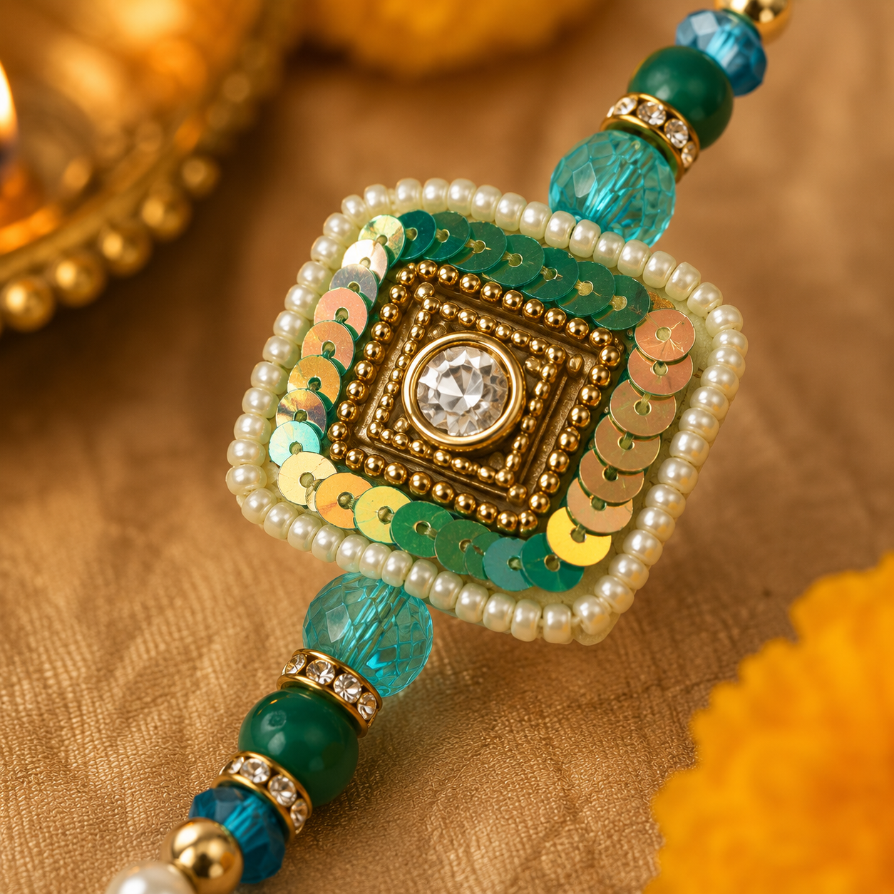 Teal Sequin Kundan Rakhi with Pearl Border for Brother