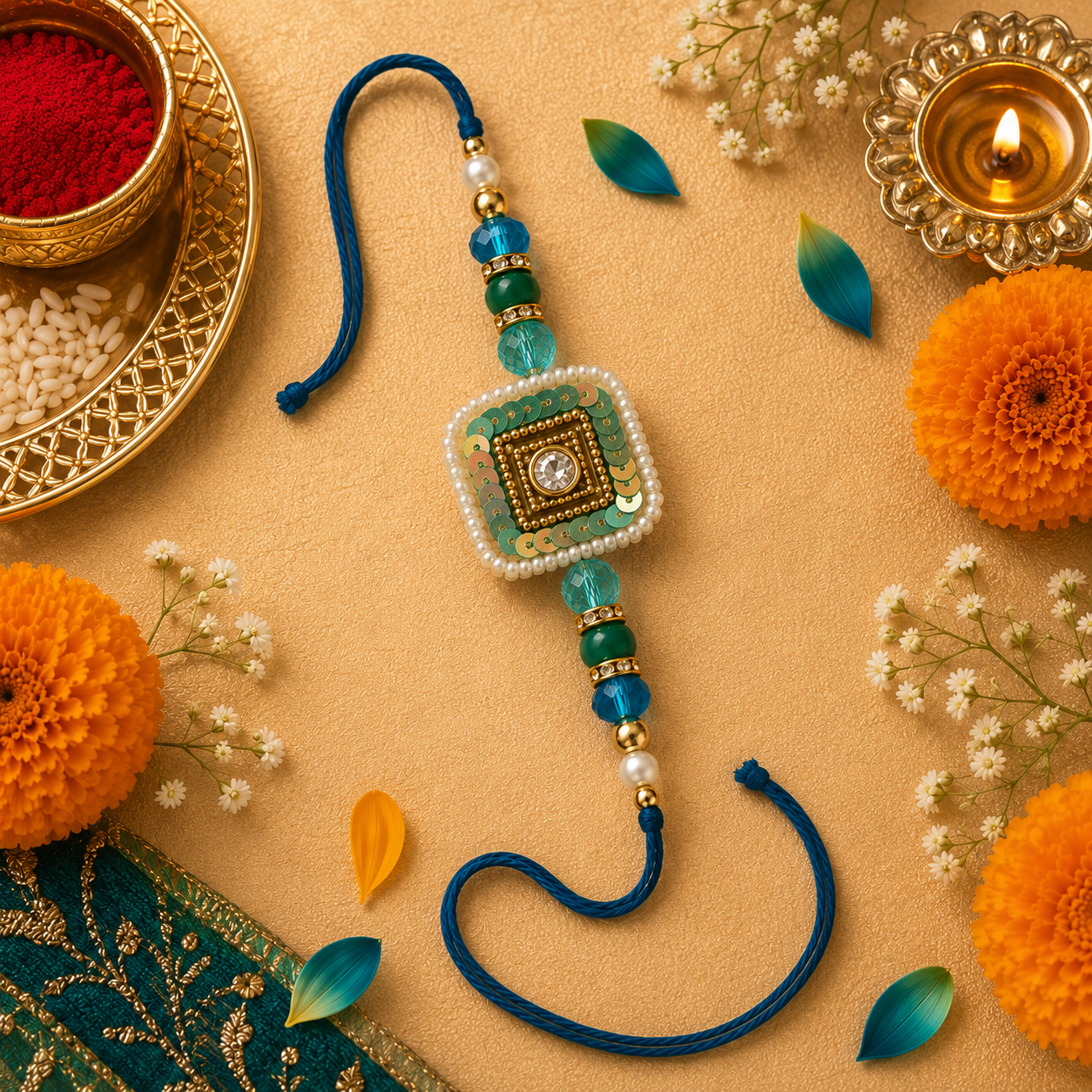 Teal Sequin Kundan Rakhi with Pearl Border for Brother