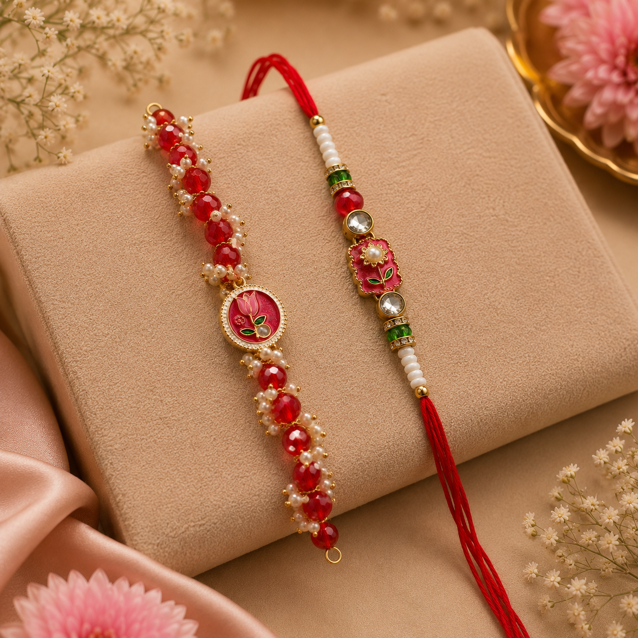 Floral Meenakari Rakhi Set with Crystal Bead Lumba for Brother