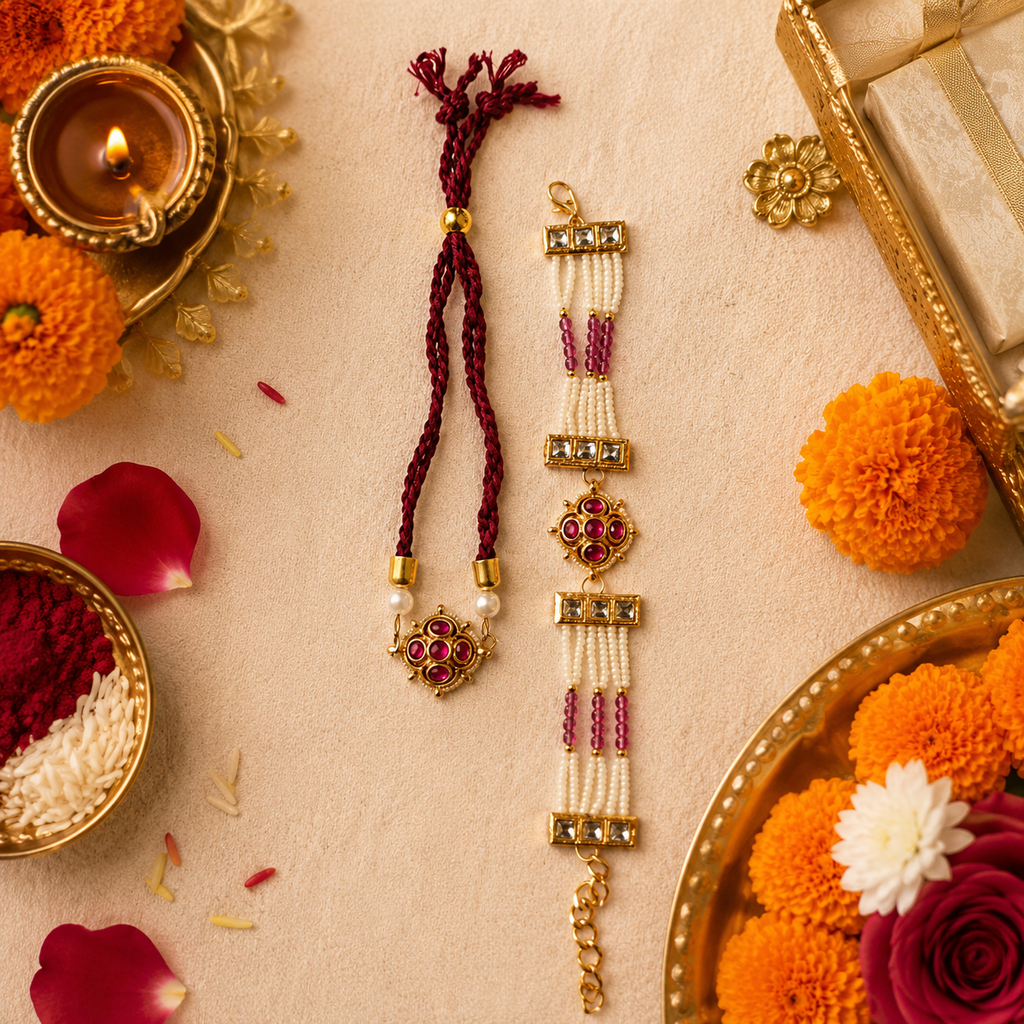 Ruby Kundan Rakhi Set with Beaded Pearl Lumba for Brother