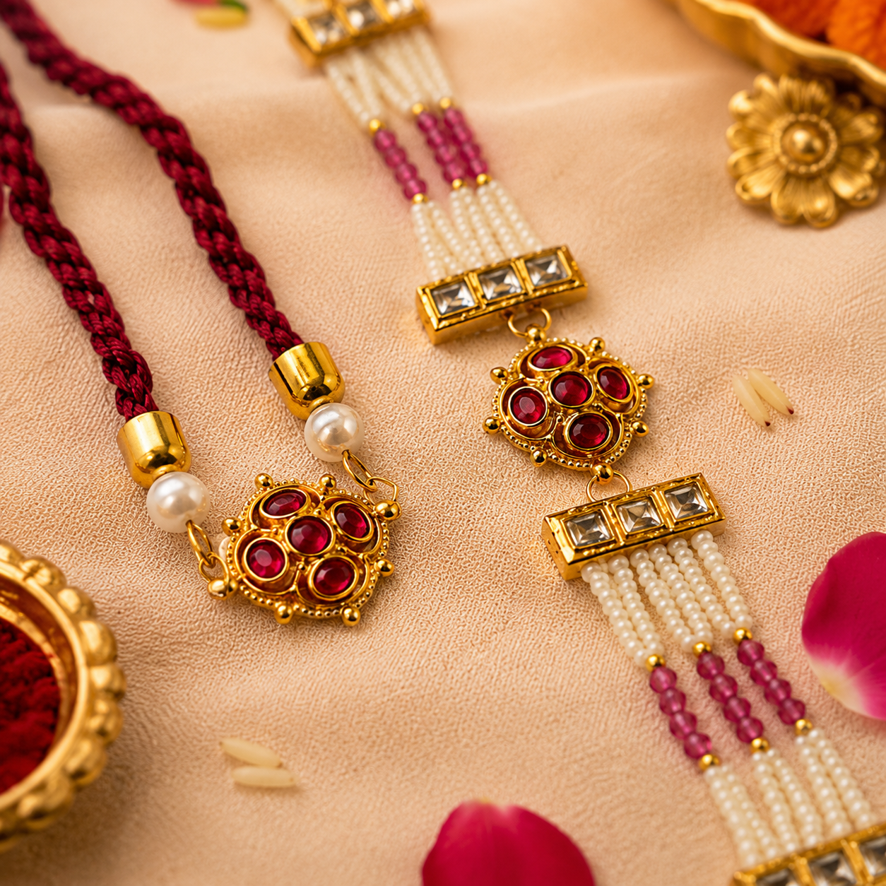 Ruby Kundan Rakhi Set with Beaded Pearl Lumba for Brother
