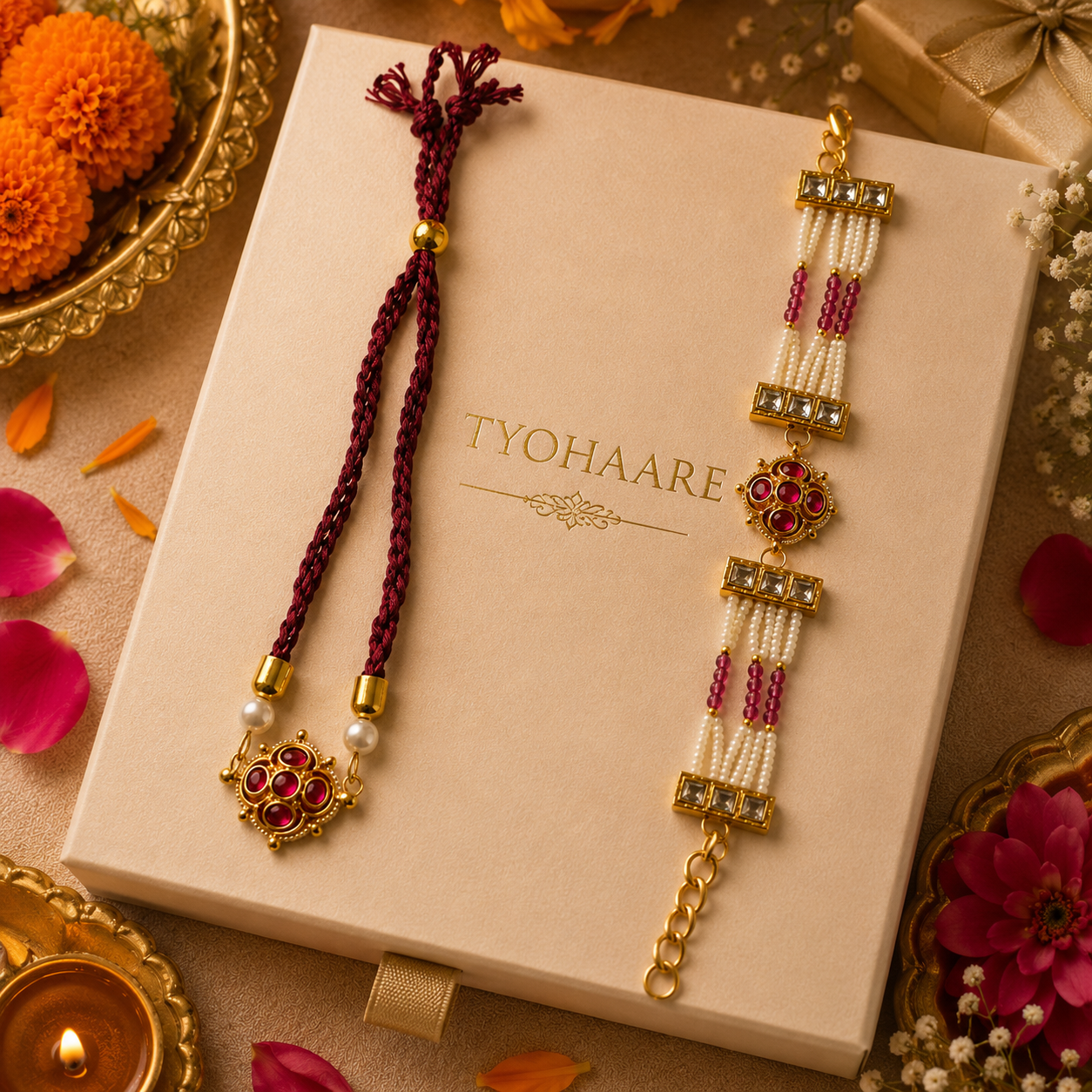 Ruby Kundan Rakhi Set with Beaded Pearl Lumba for Brother