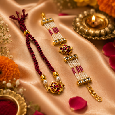 Ruby Kundan Rakhi Set with Beaded Pearl Lumba for Brother