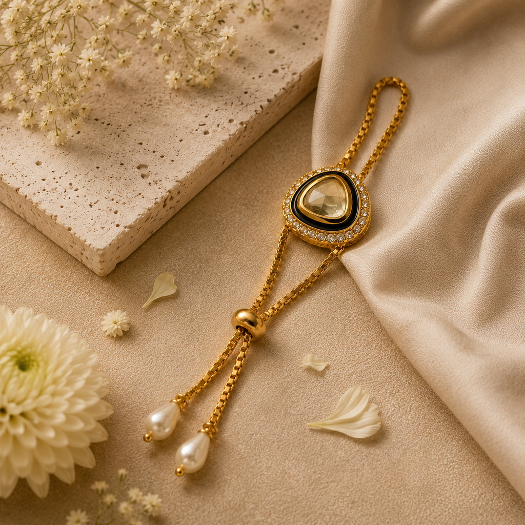 Kundan Topaz Rakhi with Pearl Drop Lumba for Brother