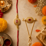 Kundan Ruby Stone Rakhi Set with Chain Lumba for Brother