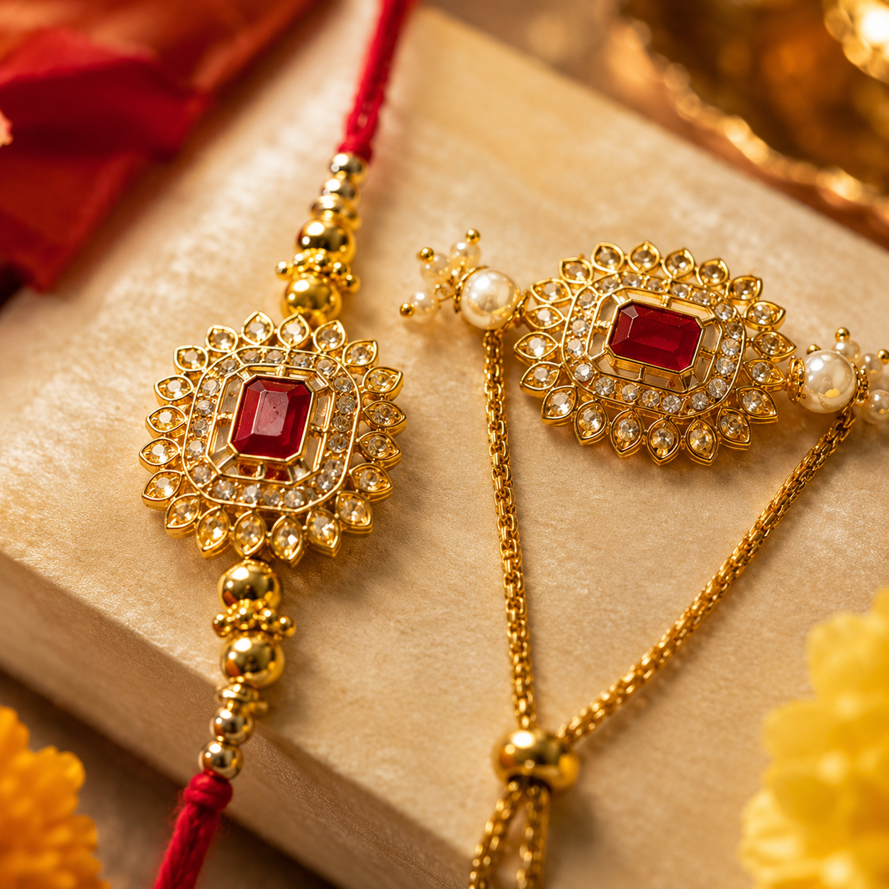 Kundan Ruby Stone Rakhi Set with Chain Lumba for Brother
