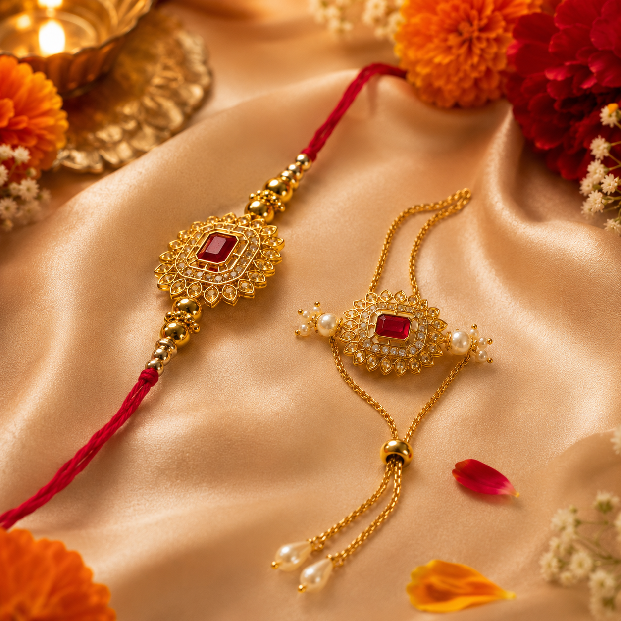 Kundan Ruby Stone Rakhi Set with Chain Lumba for Brother