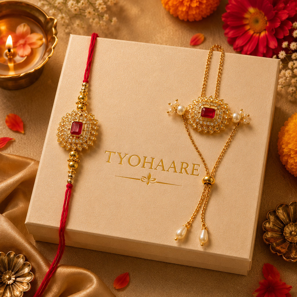 Kundan Ruby Stone Rakhi Set with Chain Lumba for Brother