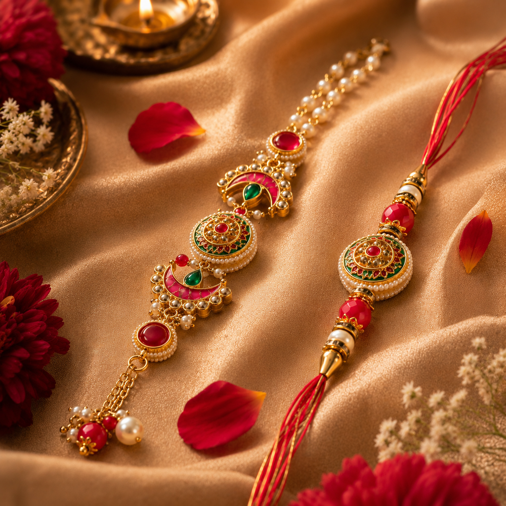 Royal Kundan Meenakari Multi-Medallion Rakhi Set for Brother