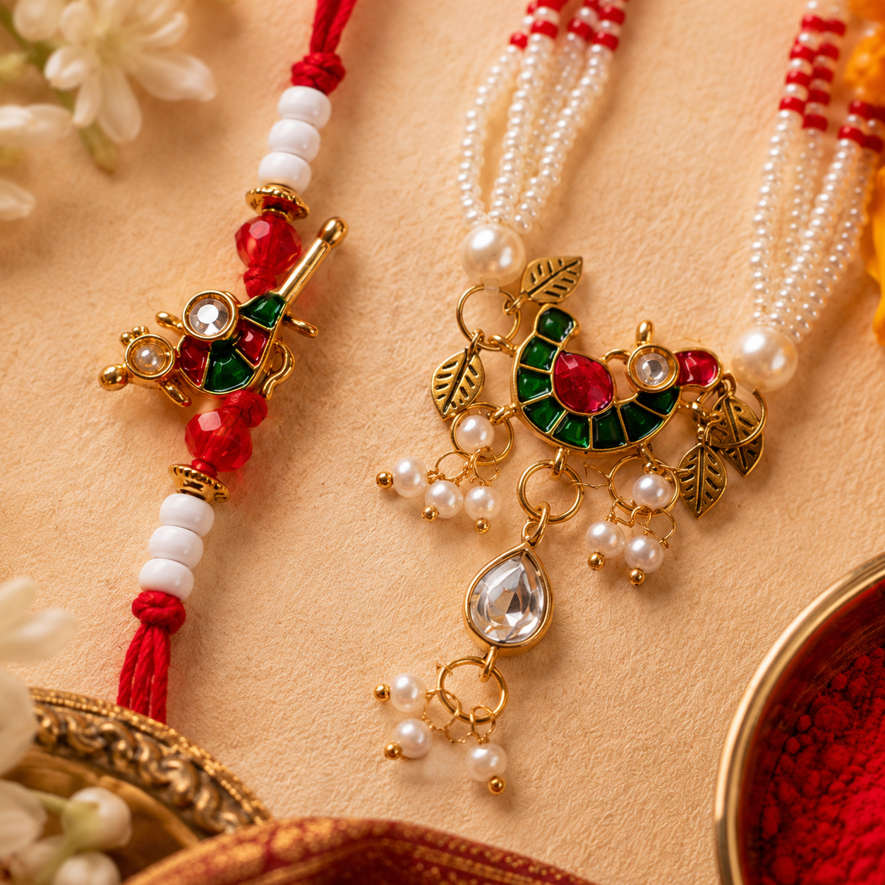 Meenakari Peacock Pearl Lumba Rakhi Set for Brother