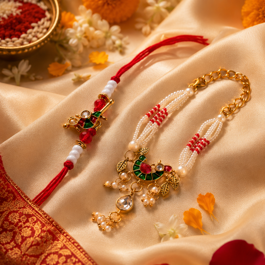 Meenakari Peacock Pearl Lumba Rakhi Set for Brother