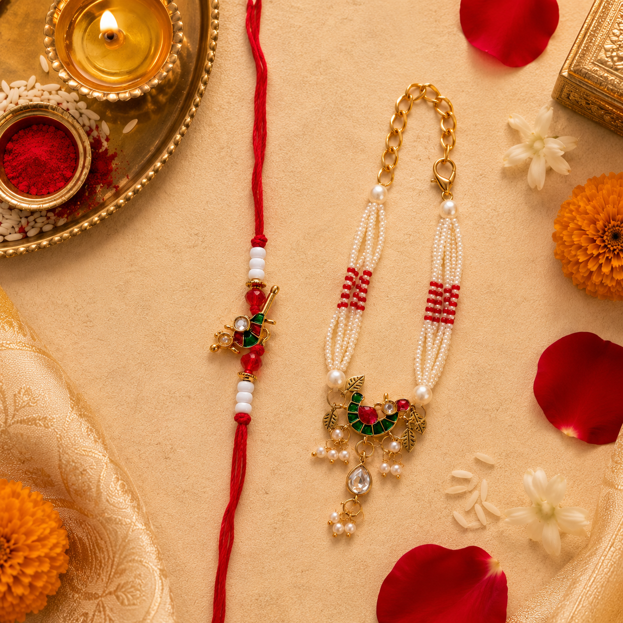 Meenakari Peacock Pearl Lumba Rakhi Set for Brother
