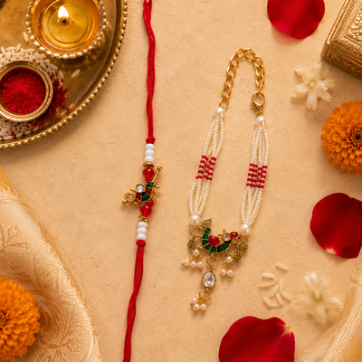 Meenakari Peacock Pearl Lumba Rakhi Set for Brother