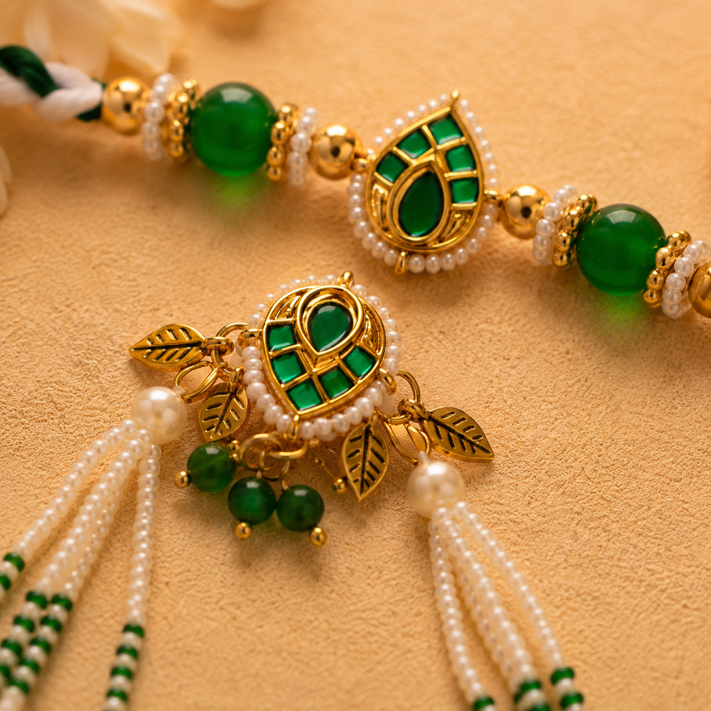 Emerald Green Kundan Mala Rakhi for Brother